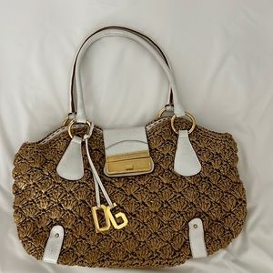 Authentic Dolce & Gabbana Brown Straw White Leather Shoulder Bag